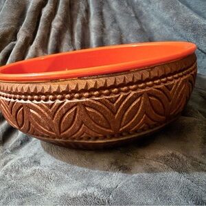 Textured Brown Ceramic Serving Bowl with Orange Interior